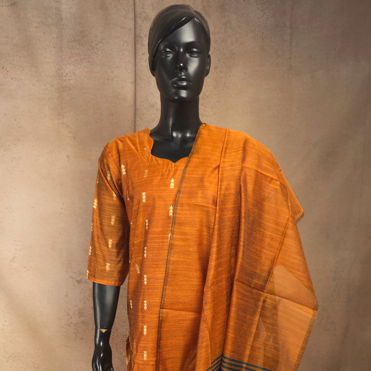 Kurti - 3 Piece Kurti Set - Rust Orange Raw Silk
