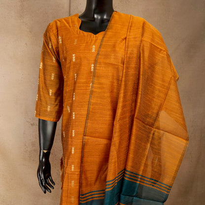 Kurti - 3 Piece Kurti Set - Rust Orange Raw Silk