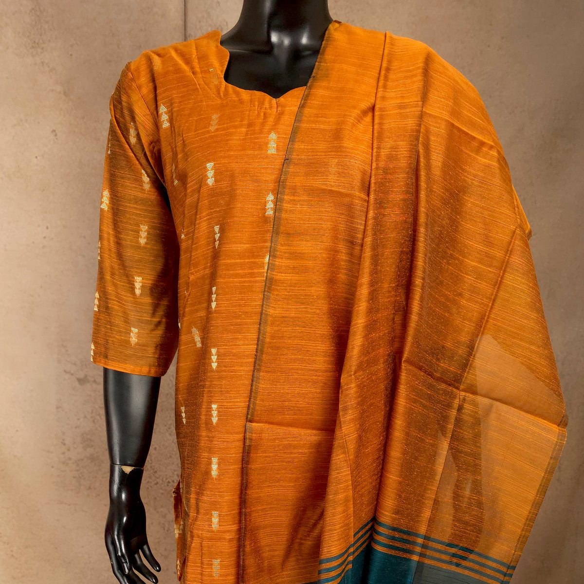 Kurti - 3 Piece Kurti Set - Rust Orange Raw Silk