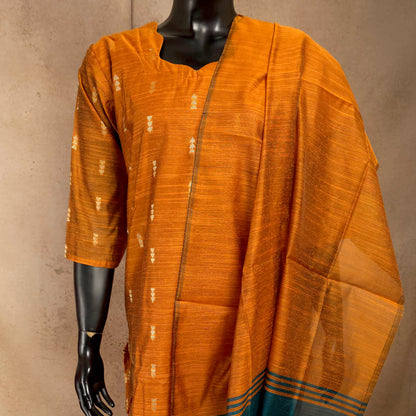 Kurti - 3 Piece Kurti Set - Rust Orange Raw Silk