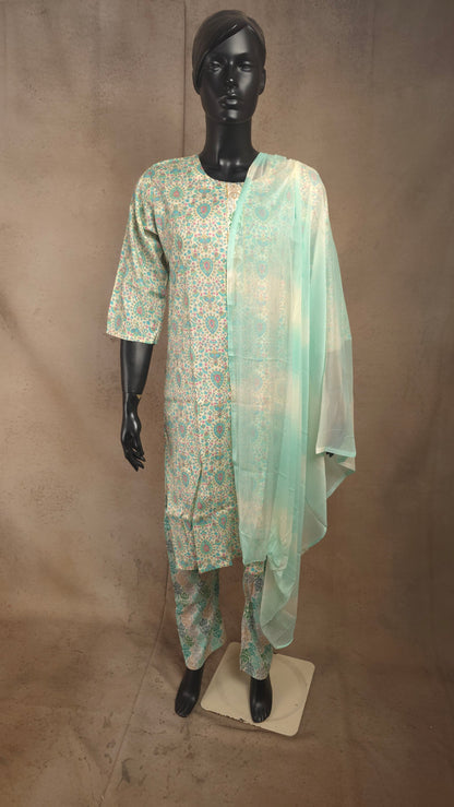 Kurti - 3 Piece Kurti Set - Ivory Floral Printed