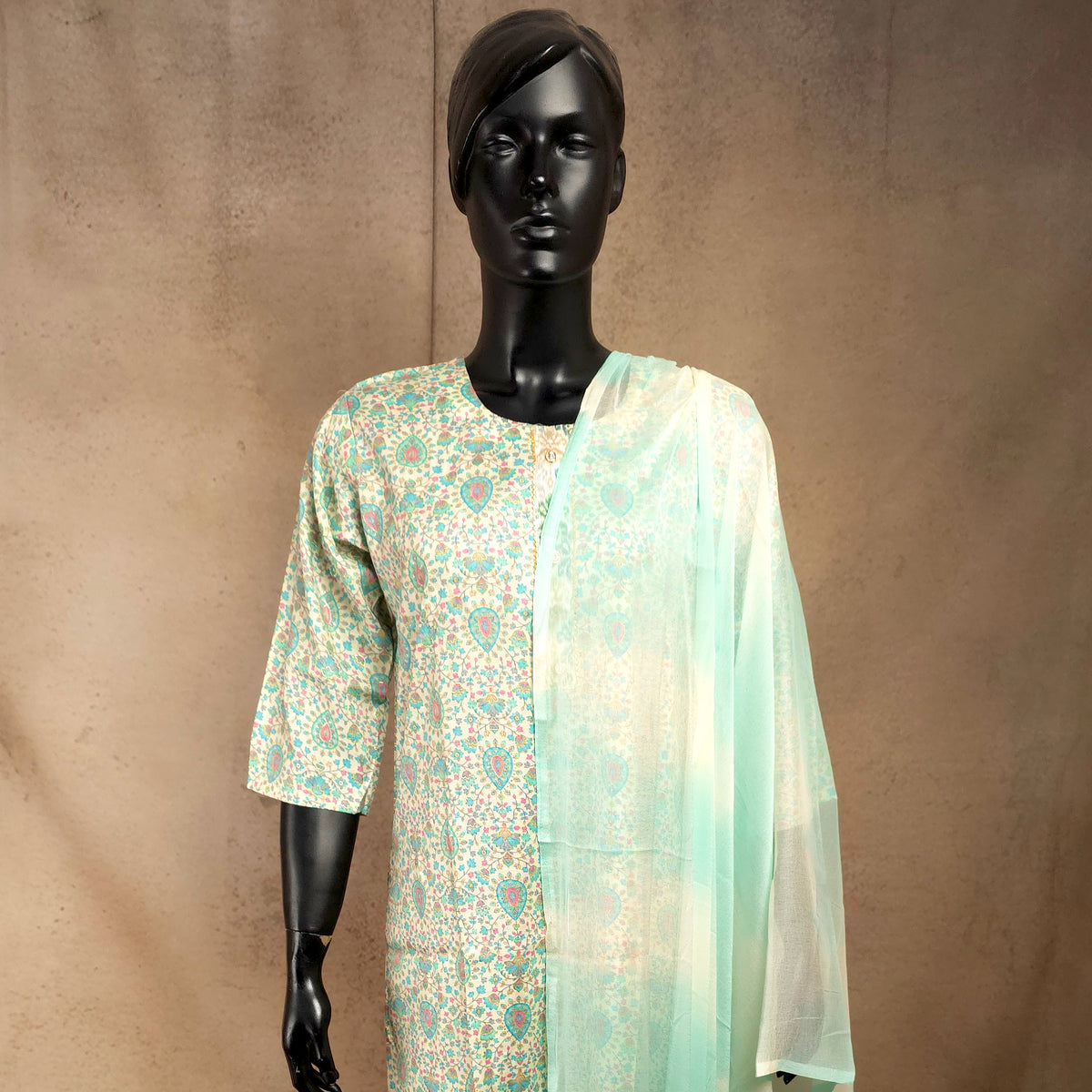 Kurti - 3 Piece Kurti Set - Ivory Floral Printed
