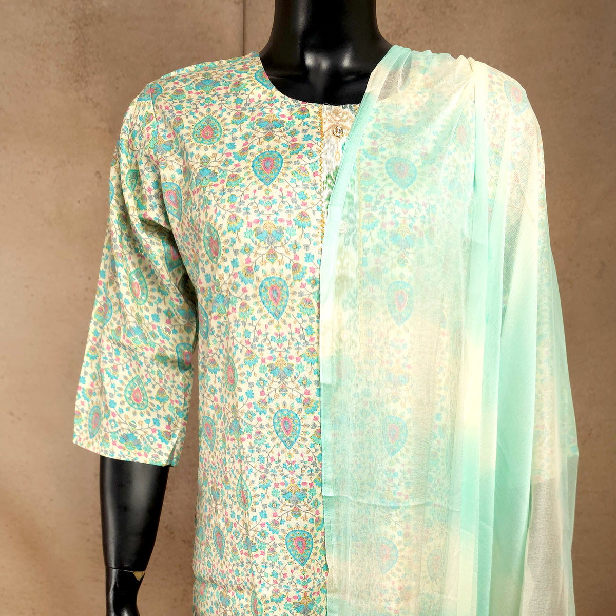 Kurti - 3 Piece Kurti Set - Ivory Floral Printed