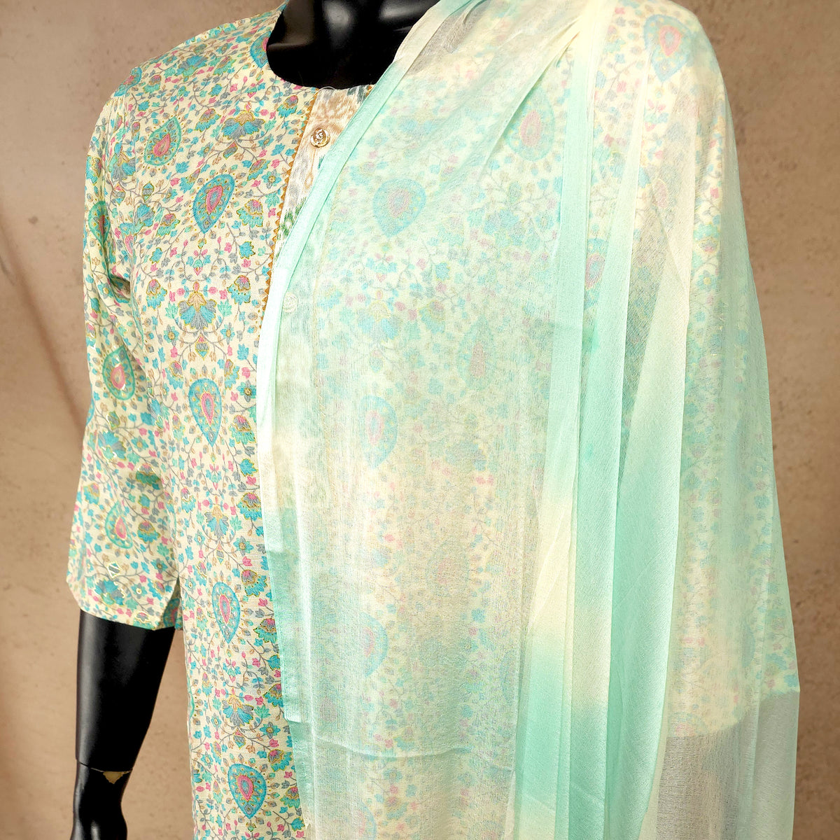Kurti - 3 Piece Kurti Set - Ivory Floral Printed