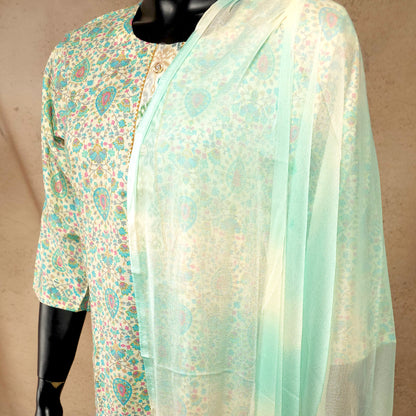 Kurti - 3 Piece Kurti Set - Ivory Floral Printed