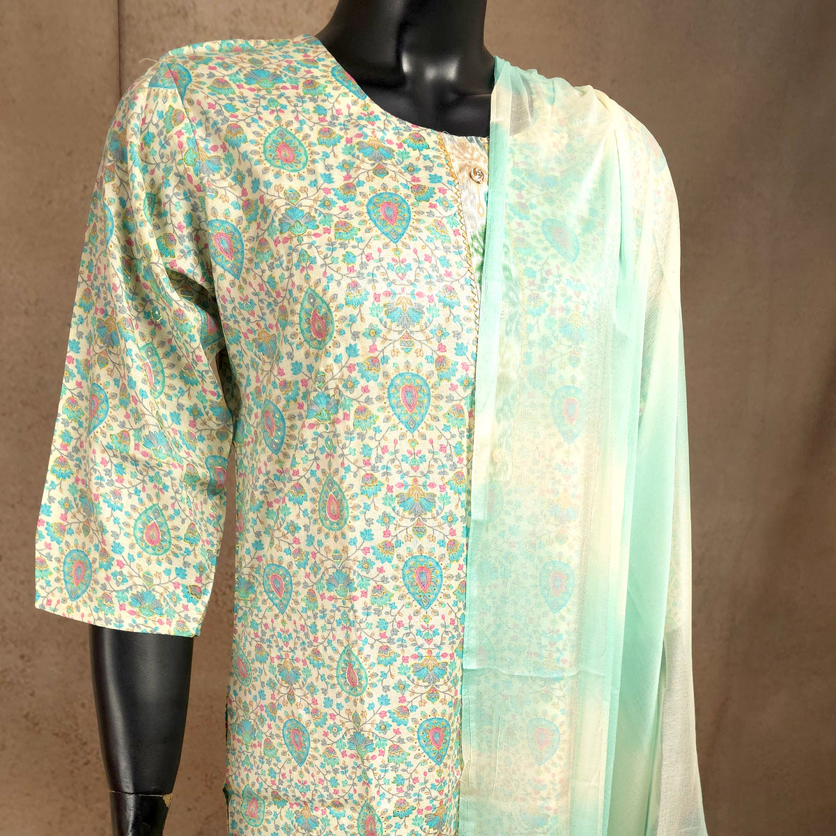 Kurti - 3 Piece Kurti Set - Ivory Floral Printed
