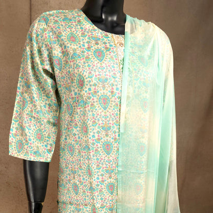 Kurti - 3 Piece Kurti Set - Ivory Floral Printed