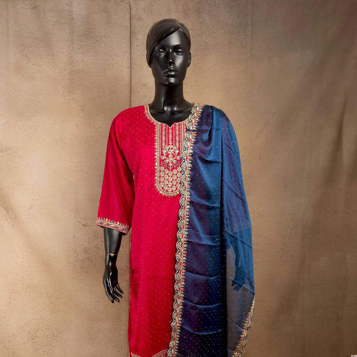 Kurti - 3 Piece Kurti Set - Wine Embroidered Kurti Set