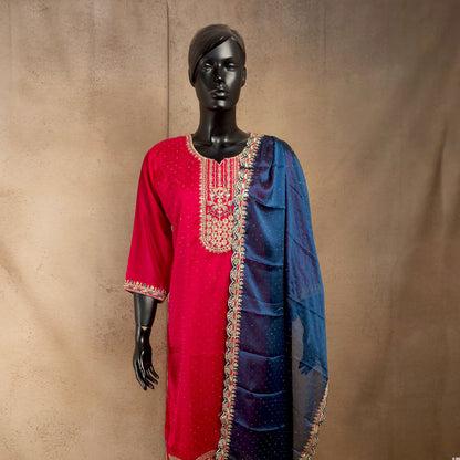 Kurti - 3 Piece Kurti Set - Wine Embroidered Kurti Set