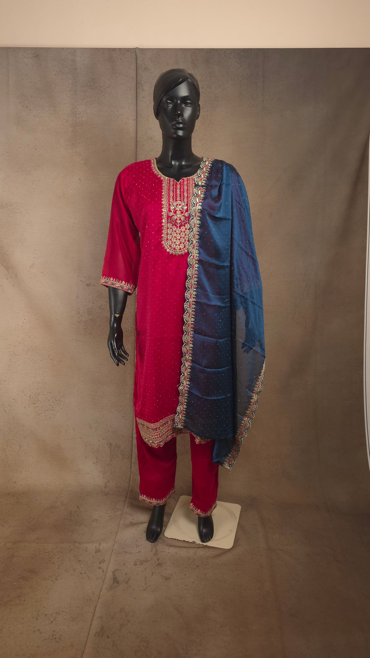 Kurti - 3 Piece Kurti Set - Wine Embroidered Kurti Set