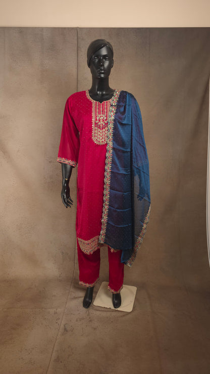 Kurti - 3 Piece Kurti Set - Wine Embroidered Kurti Set