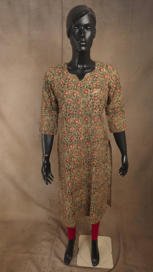 Kurti - Kalamkari Kurti Top - Mustard Beige