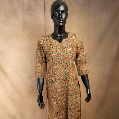 Kurti - Kalamkari Kurti Top - Mustard Beige