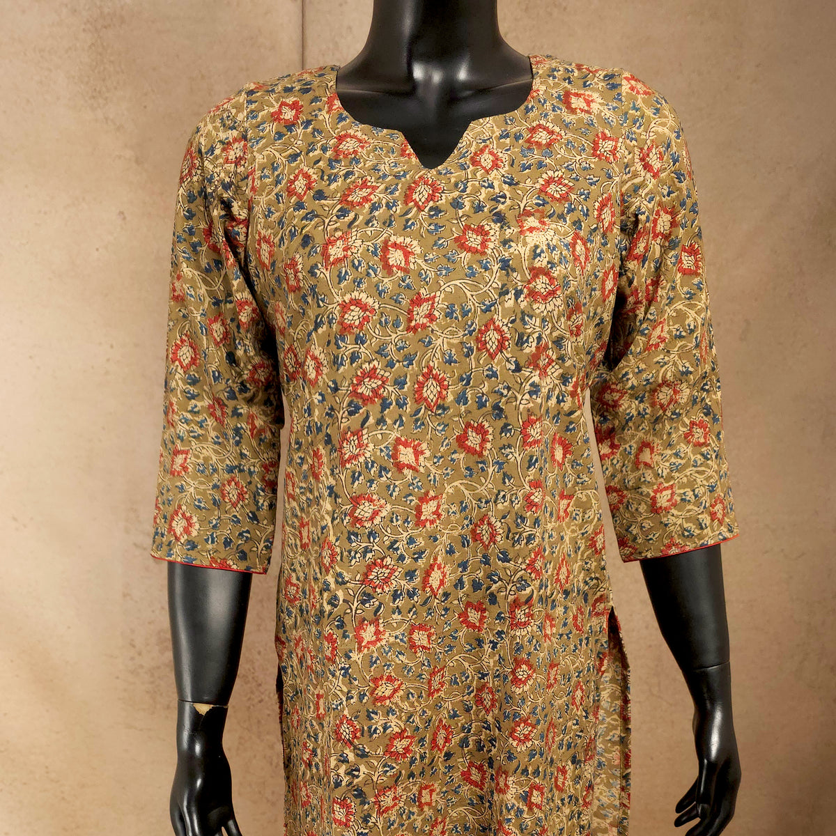 Kurti - Kalamkari Kurti Top - Mustard Beige