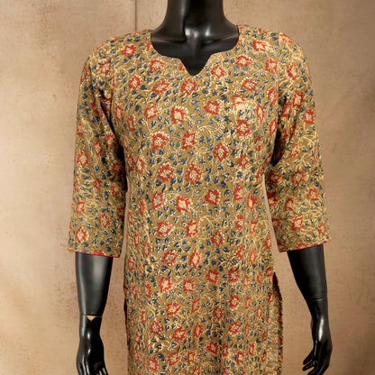 Kurti - Kalamkari Kurti Top - Mustard Beige