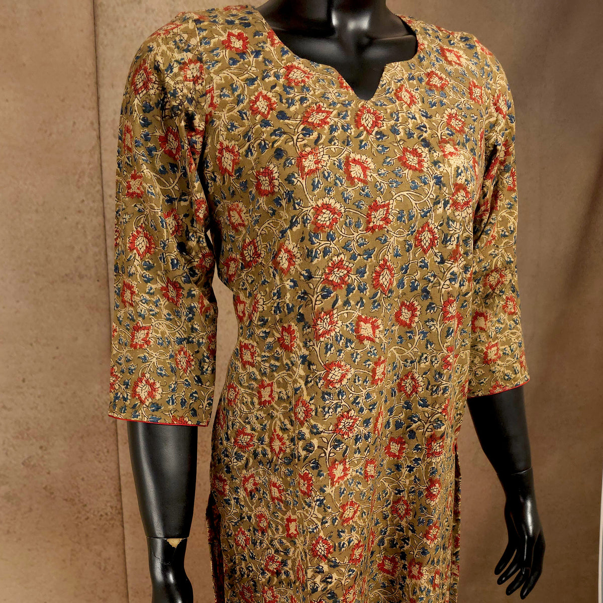 Kurti - Kalamkari Kurti Top - Mustard Beige