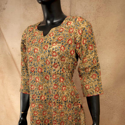 Kurti - Kalamkari Kurti Top - Mustard Beige