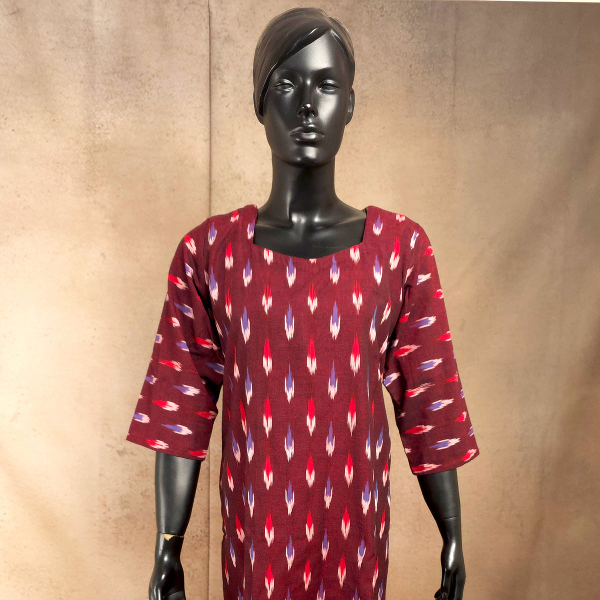 Kurti - Ikkat Kurti Top - Deep Maroon Ikkat