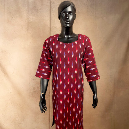 Kurti - Ikkat Kurti Top - Deep Maroon Ikkat