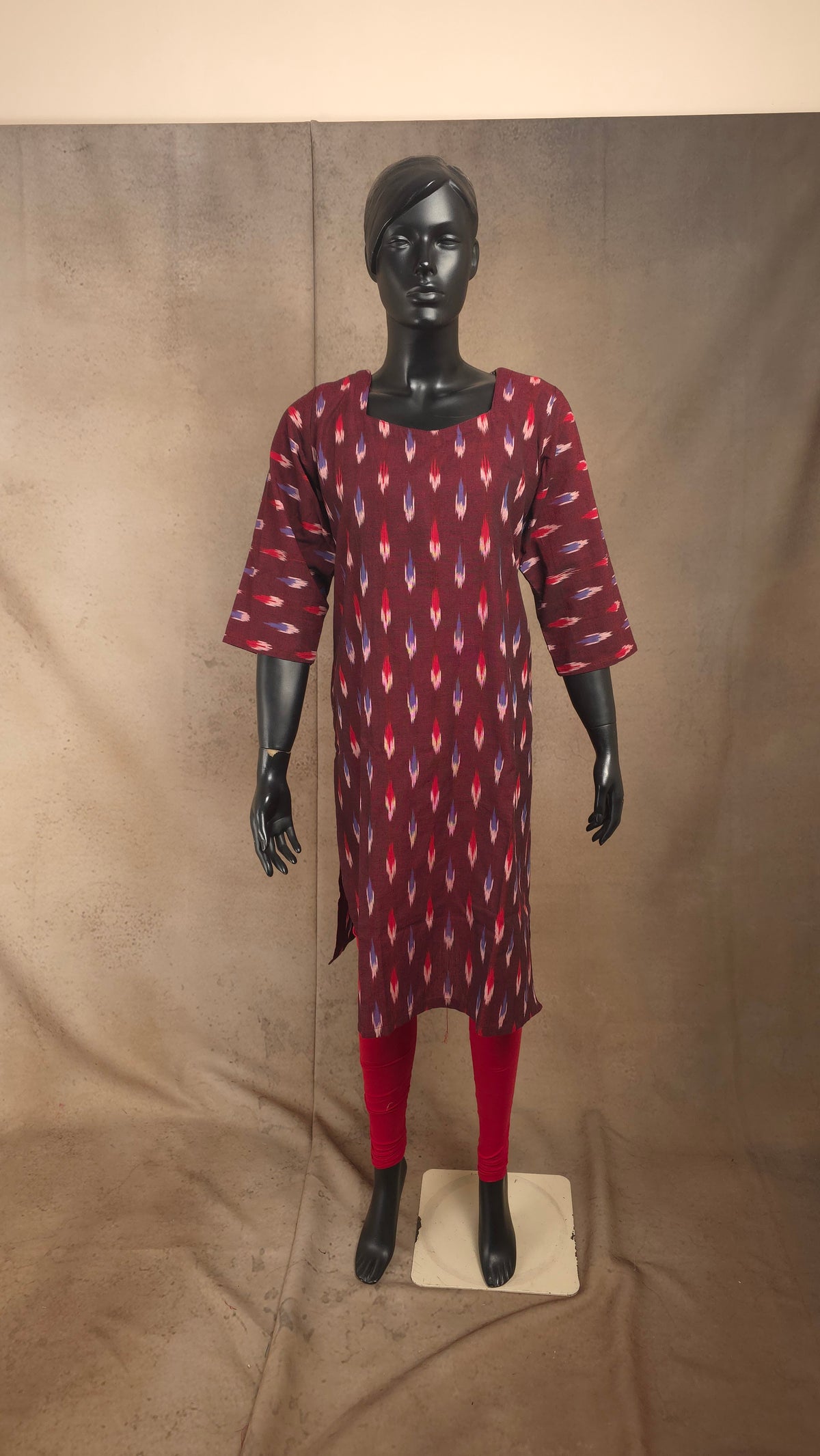 Kurti - Ikkat Kurti Top - Deep Maroon Ikkat