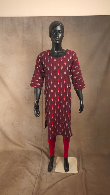 Kurti - Ikkat Kurti Top - Deep Maroon Ikkat