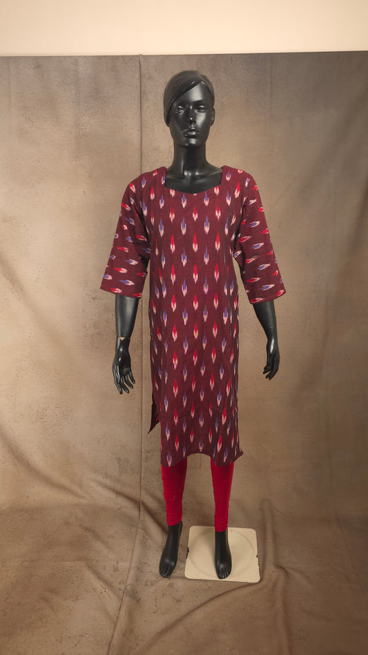 Kurti - Ikkat Kurti Top - Deep Maroon Ikkat