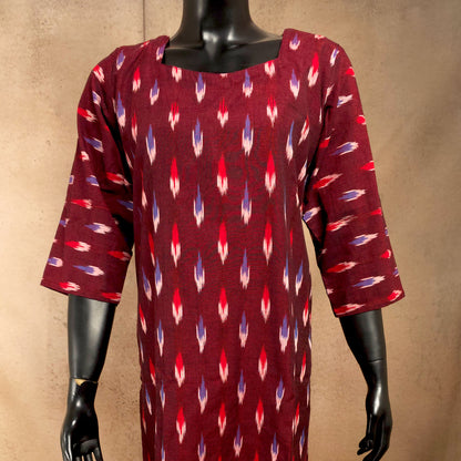 Kurti - Ikkat Kurti Top - Deep Maroon Ikkat