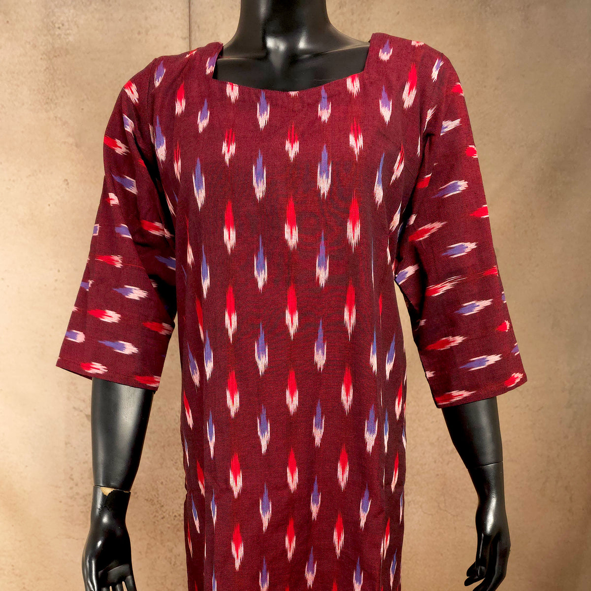 Kurti - Ikkat Kurti Top - Deep Maroon Ikkat