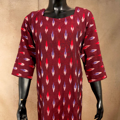 Kurti - Ikkat Kurti Top - Deep Maroon Ikkat