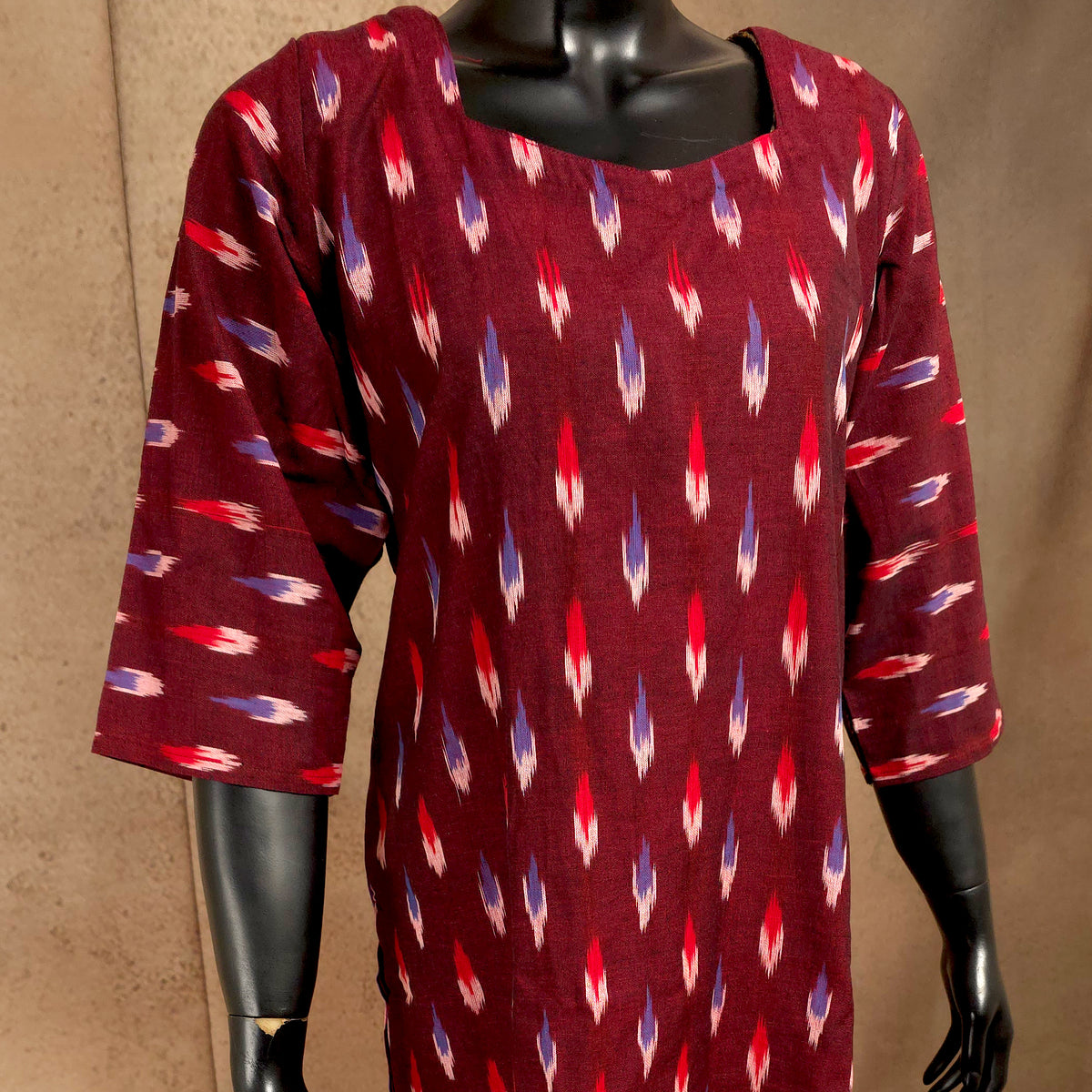 Kurti - Ikkat Kurti Top - Deep Maroon Ikkat