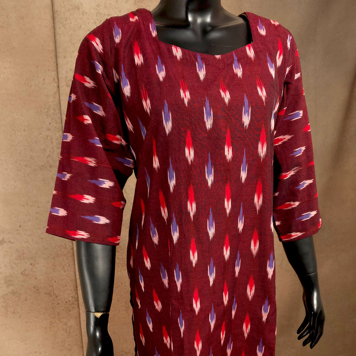 Kurti - Ikkat Kurti Top - Deep Maroon Ikkat