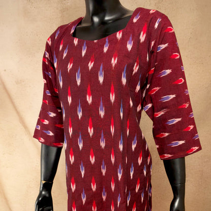 Kurti - Ikkat Kurti Top - Deep Maroon Ikkat