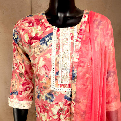 Kurti - Pink Floral Embroidered Kurti Set