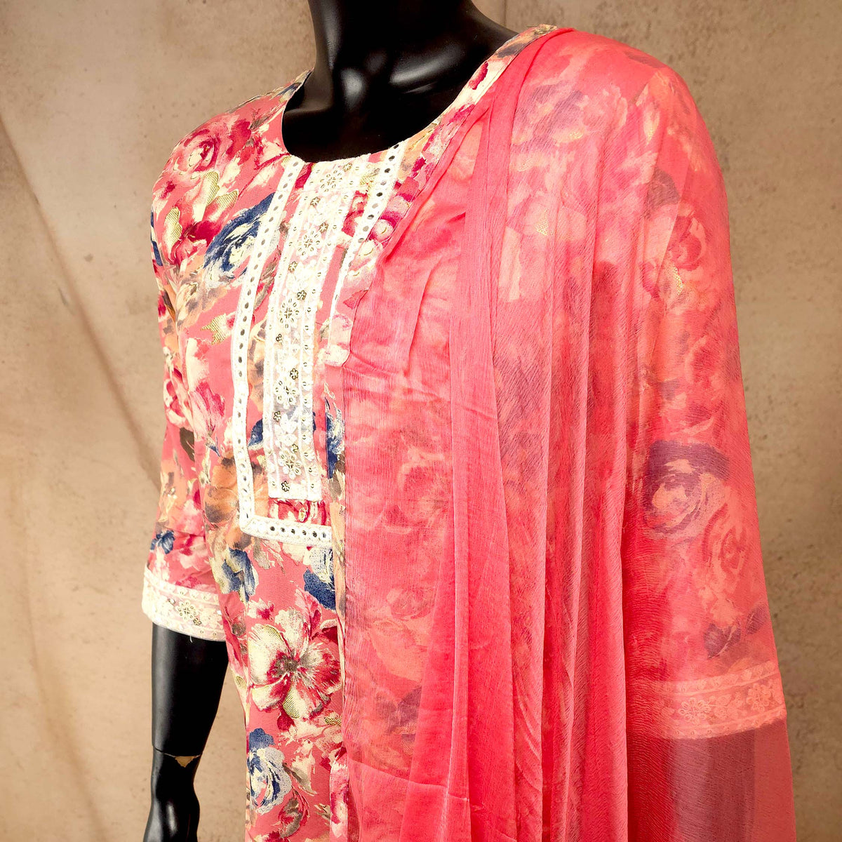 Kurti - Pink Floral Embroidered Kurti Set
