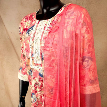 Kurti - Pink Floral Embroidered Kurti Set