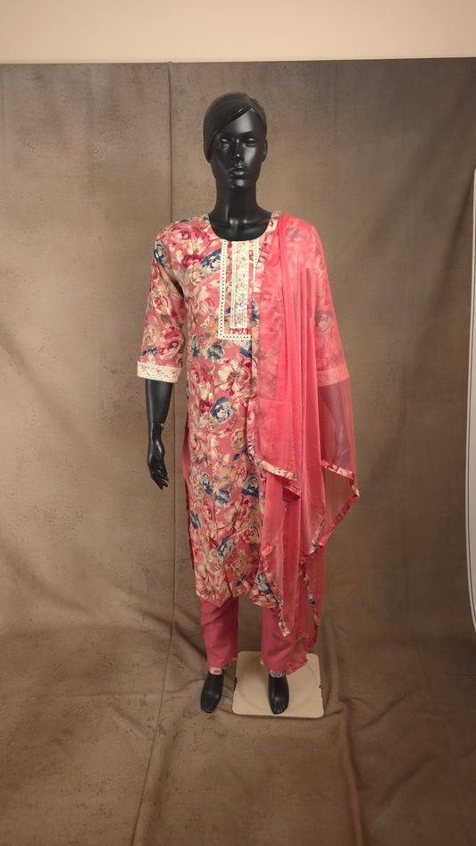 Kurti - Pink Floral Embroidered Kurti Set