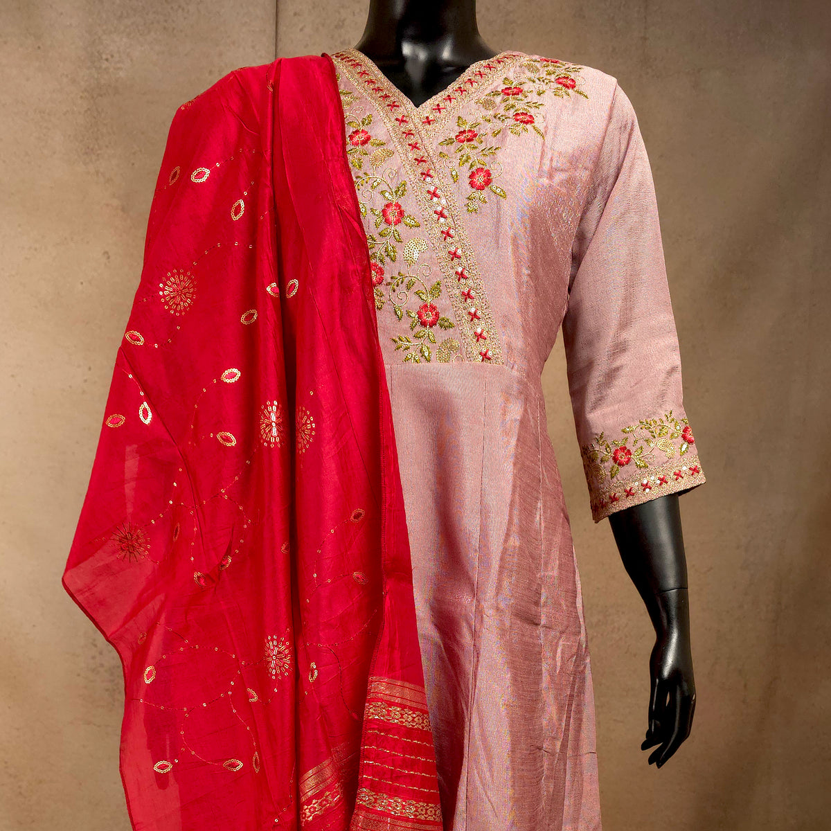 Kurti - 3 Piece Kurti Set - Dusty Rose Pink Embroidered