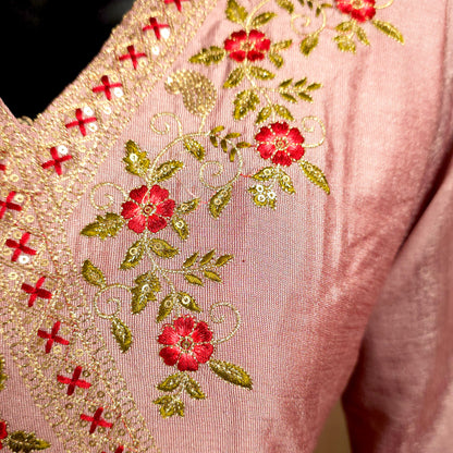 Kurti - 3 Piece Kurti Set - Dusty Rose Pink Embroidered