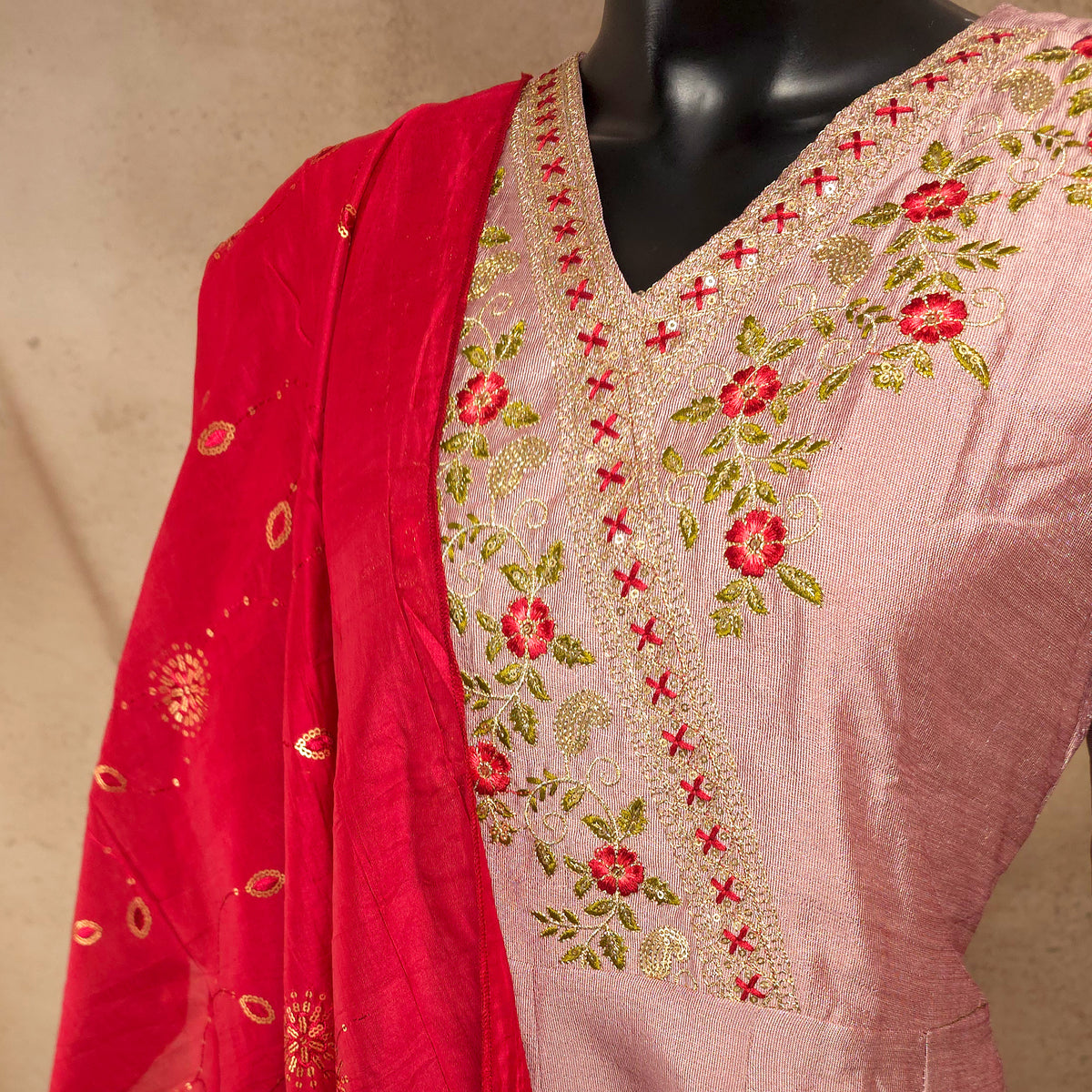 Kurti - 3 Piece Kurti Set - Dusty Rose Pink Embroidered