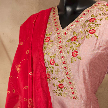 Kurti - 3 Piece Kurti Set - Dusty Rose Pink Embroidered