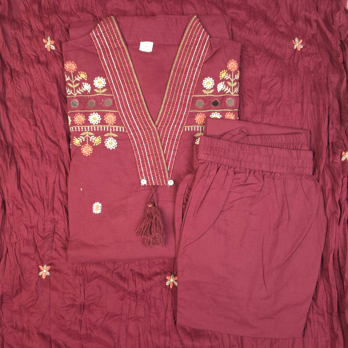 Kurti - 3 Piece Kurti Set - Wine Maroon Embroidered