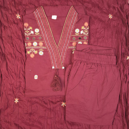 Kurti - 3 Piece Kurti Set - Wine Maroon Embroidered