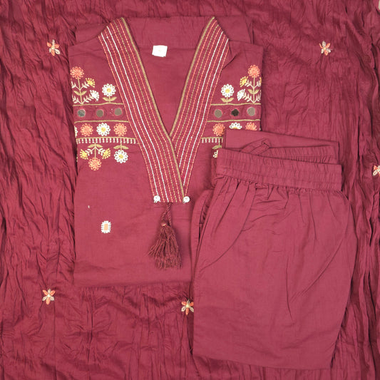 Kurti - 3 Piece Kurti Set - Wine Maroon Embroidered