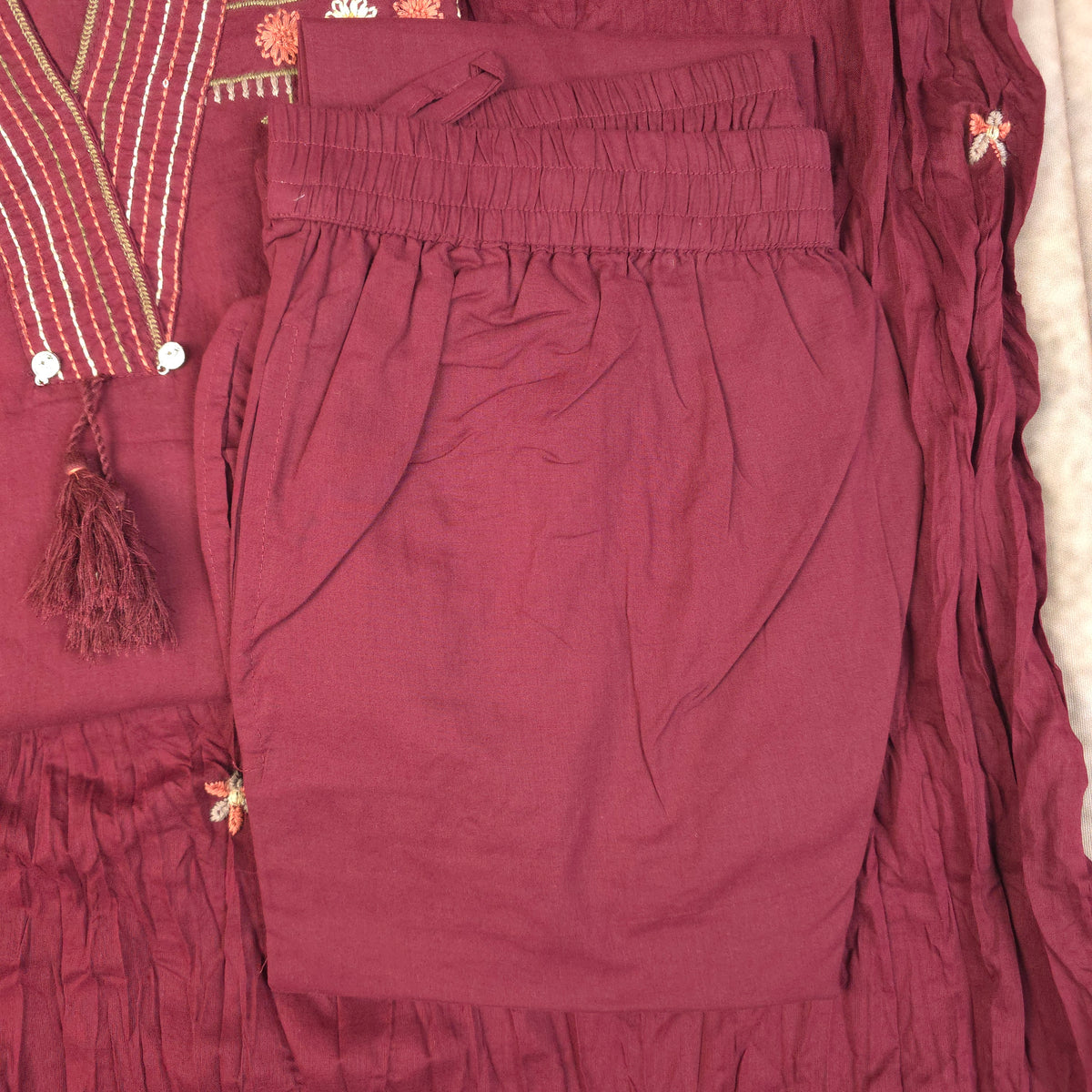 Kurti - 3 Piece Kurti Set - Wine Maroon Embroidered