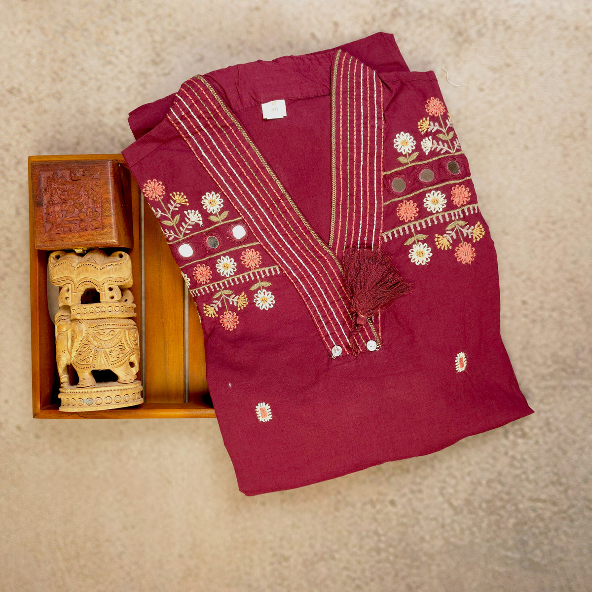 Kurti - 3 Piece Kurti Set - Wine Maroon Embroidered
