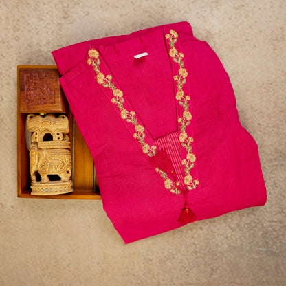 Kurti - 3 Piece Kurti Set - Rani Pink Embroidered