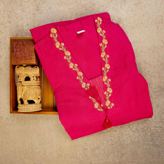 Kurti - 3 Piece Kurti Set - Rani Pink Embroidered