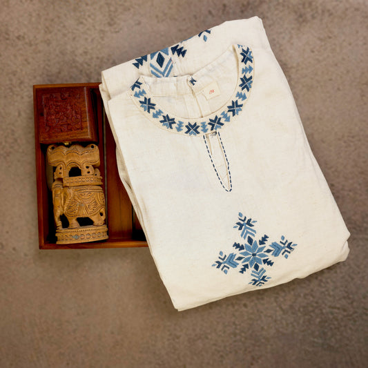 Kurti - 3 Piece Kurti Set - Off-White & Blue Embroidered