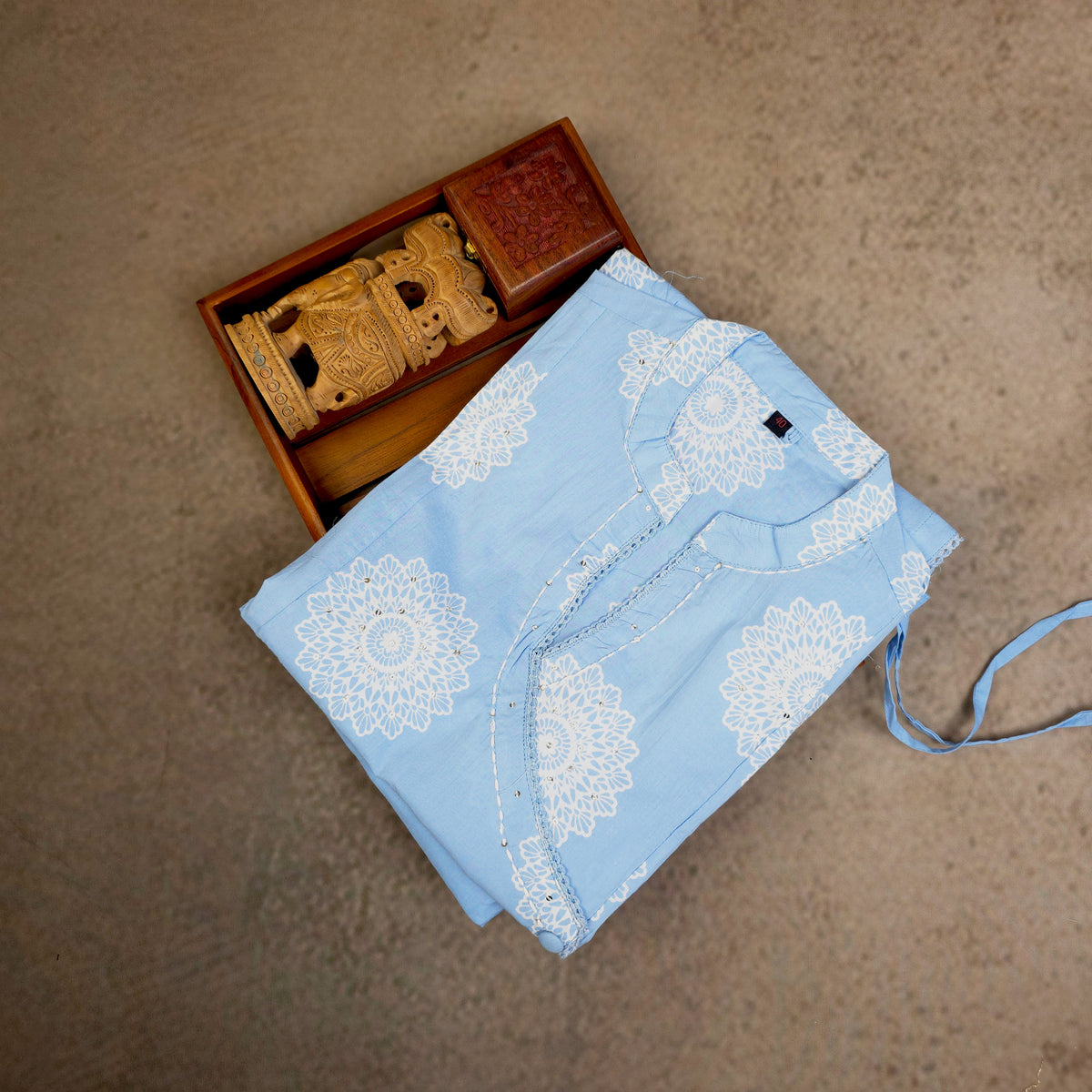 Kurti - 3 Piece Kurti Set - Powder Blue Collar-neck