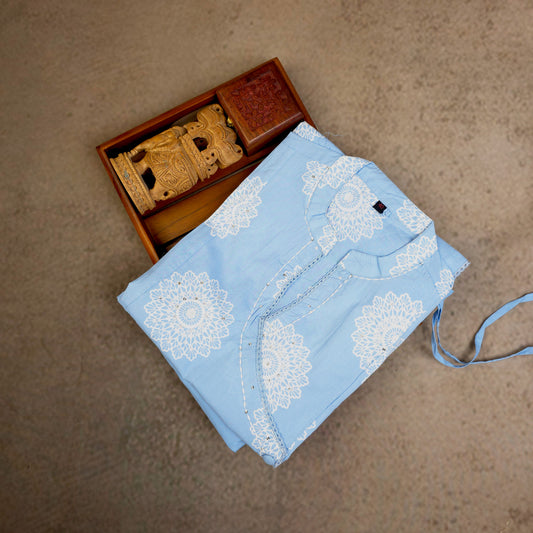 Kurti - 3 Piece Kurti Set - Powder Blue Collar-neck